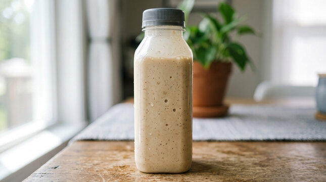 Smooth meal replacement shake in plain bottle on wooden table. Nutritious meal replacement shake offers quick protein, vitamins for active life. Healthy meal replacement shake for diet.