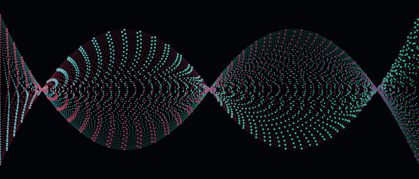 Vibrant halftone quantum ribbon, twisted moire helix. Dynamic dotted abstract mobius DNA wave. Vector graphic overlay template.