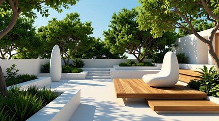 Obraz premium Modern minimalist terrace with white walls rich green trees and comfortable outdoor seating. White sculpted chair on wooden deck with geometric planters, sunlit patio ideal for relaxation.