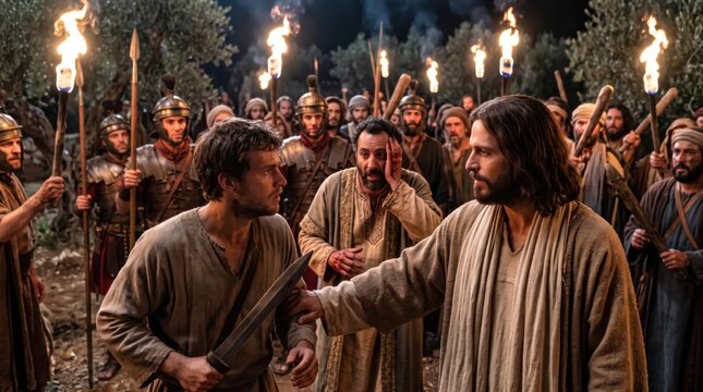Jesus stops disciple from fighting with sword in Gethsemane. Arrest of Christ in garden by Roman soldiers with torches. Biblical scene from Gospel of Matthew, religious history drama.