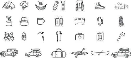 Camping and outdoor equipment icon set with tent backpack hiking boots kayak climbing gear vector line art illustration. © Mst Fateha Begum
