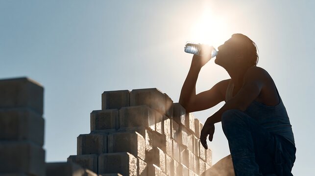 Construction worker drinking bottled water during a break under intense sun, highlighting hydration and heat protection, suitable for occupational health, workplace safety and climate adaptation conte