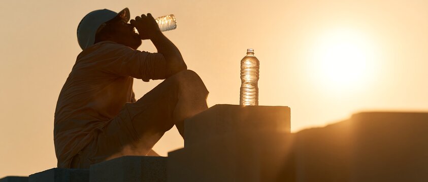 Construction worker drinking bottled water beside building materials at sunset, emphasizing hydration during extreme heat, suitable for occupational health, workplace safety and climate awareness proj