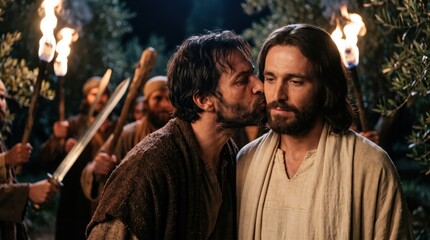 Fototapeta premium Judas Iscariot betraying Jesus Christ with kiss in Gethsemane garden. Biblical scene of betrayal of Son of God by disciple. Historic religious event from Gospel of Matthew in Bible.