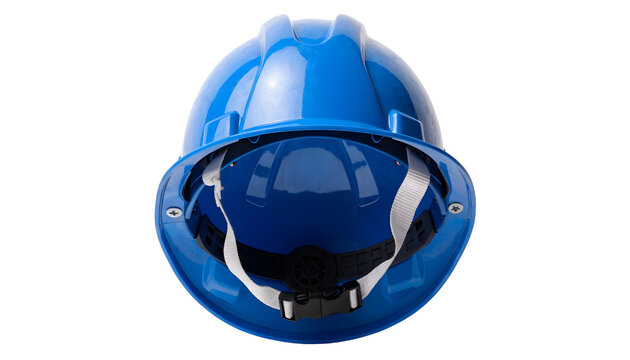 Shiny blue protective industrial safety helmet isolated with construction on transparent background