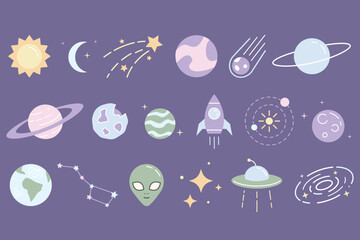 Set of cute space themed including planets, stars, rocket, alien, and galaxy on a soft purple background, for kids educational © Shaidul