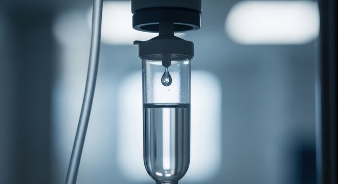 Intravenous fluid drip a single drop suspended in motion symbolizing life-sustaining medical treatment healthcare delivery and crucial patient care in a clinical setting.
