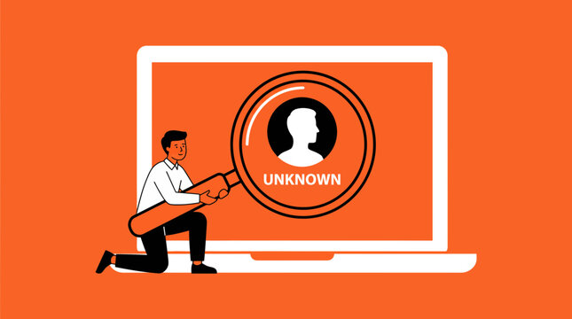 Man searching for user profile on laptop. Digital identity investigation and data privacy.