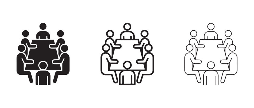 meeting illustration icons showing people collaborating around conference tables in different styles