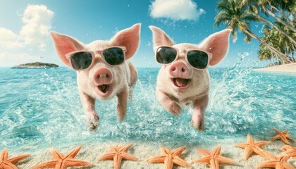 Obraz premium Two pink pigs wearing sunglasses running through ocean water on tropical beach