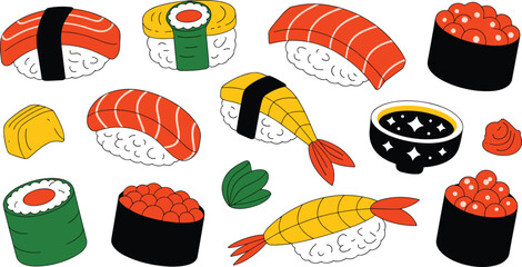 Sushi flat vector illustration assortment. Salmon nigiri, shrimp ebi, maki rolls, gunkan caviar, soy sauce bowl, wasabi, ginger, and tamago egg offer traditional Japanese delicacies. © ALINA