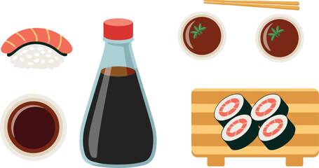 Sushi set flat vector illustration elements. Soy sauce bottle, maki rolls, salmon nigiri, wooden board, chopsticks, and small dipping bowls showcase traditional Japanese cuisine. © ALINA