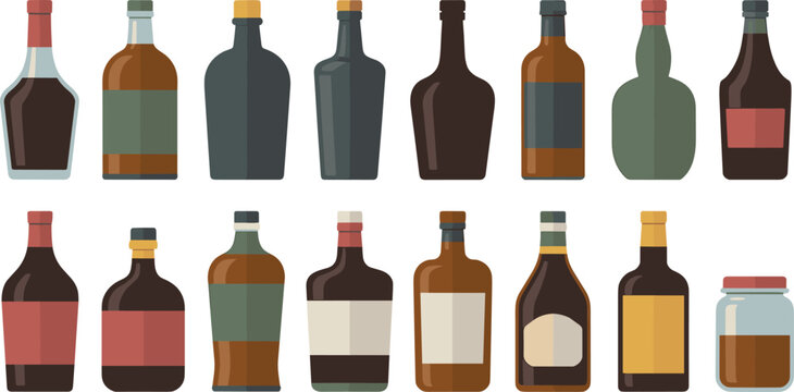 Alcohol bottles flat vector illustration assortment. Glass containers with whiskey, rum, vodka, cognac, liqueur, and blank paper labels display bar menu drink items.
