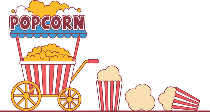 Popcorn cart flat vector illustration scene. Vintage striped vending trolley, overflowing paper boxes, and fallen snack tubs present carnival movie concessions.