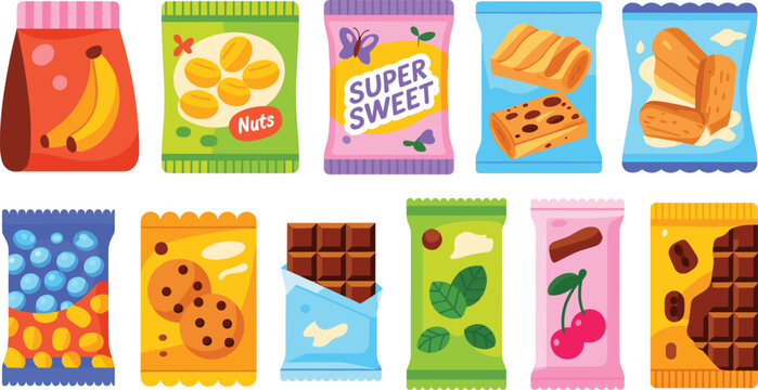 Snack bags flat vector illustration array. Colorful plastic pouches with chocolate bars, cookies, candies, chips, and crackers display sweet supermarket grocery items.