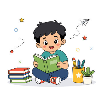 Cute Boy Reading Book Vector