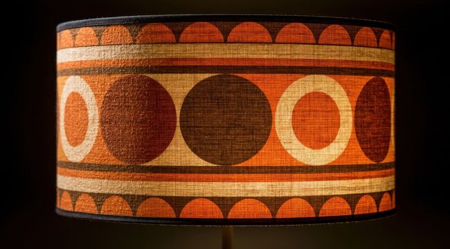 Vintage mid-century drum lampshade with orange and brown geometric circle pattern