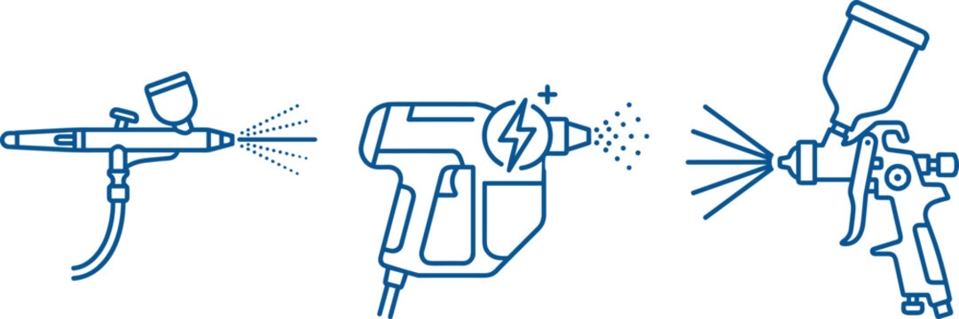 Spray Gun and Airbrush Tool Icon Set Line Art Vector, Paint Sprayer Equipment for Painting and Workshop Tool Designs