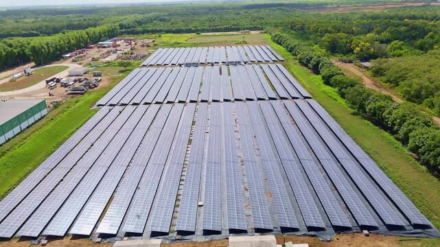 Long rows of solar panels power PANAM cement factory near San Pedro de Macoris Dominican Republic, dense green forest surrounds industrial site and gravel access roads. Aerial drone wide shot