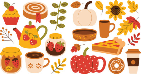 Fall elements flat vector illustration collection. Pumpkins, teapots, berry jam jars, pie slices, cupcakes, coffee mugs, sunflowers, and leaves showcase cozy autumn comforts. © ALINA