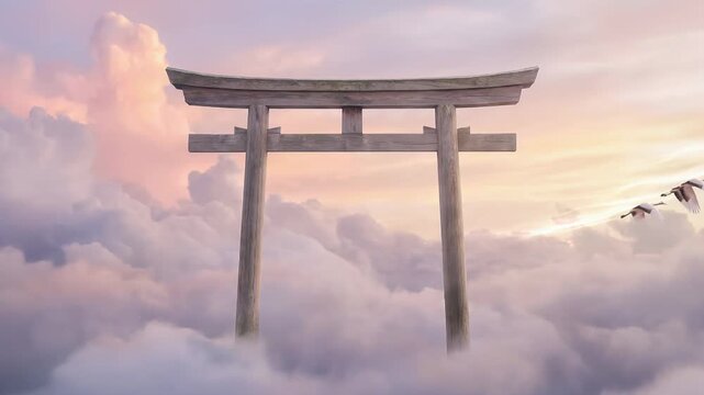 Flock of cranes flying through a traditional japanese torii gate in a dreamy skyscape. Spiritual journey and asian culture concept.