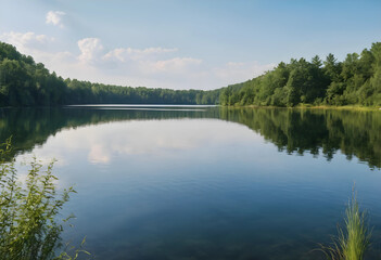 Obraz premium Calm lake reflecting green forest and blue sky with clouds, tranquil nature landscape for relaxation and outdoor concepts