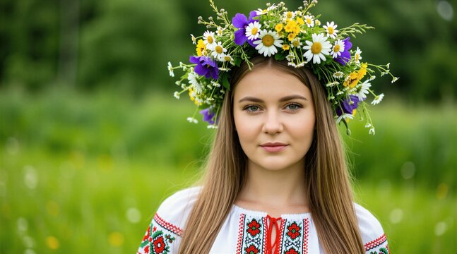 Young woman wears floral crown and traditional embroidered shirt in green field. She has long blonde hair and calm green eyes, natural beauty in summer day.