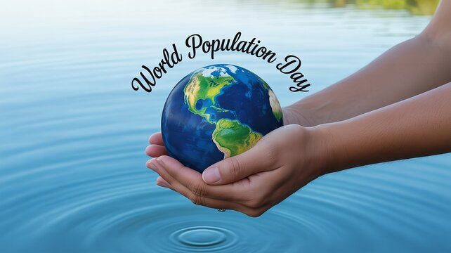 Hands holding globe above water with ripples symbolizing World Population Day awareness sustainability and global responsibility message