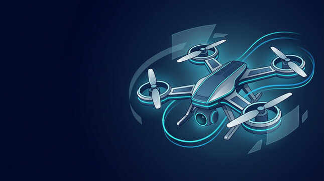 Futuristic isometric quadcopter drone illustration with glowing blue neon lights on dark background