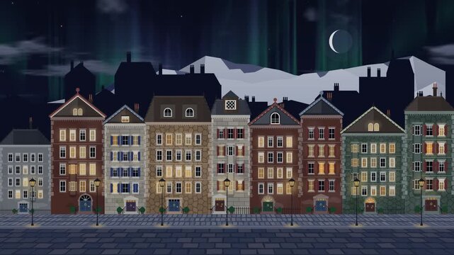 colorful European row houses day to night loopable time lapse animation, sunny day and aurora borealis night sky in a scandinavian city