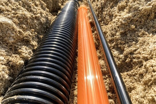 Black corrugated drainage pipe and orange conduit laid in soil trench for underground utility installation