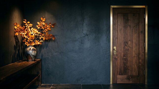 Dark textured wall with wooden door and vase containing dried orange leaves on wooden shelf warm lighting minimalist interior design modern home decor