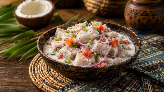 Kokoda tradizionale delle fiji con pesce marinato e latte di cocco. Generative AI 