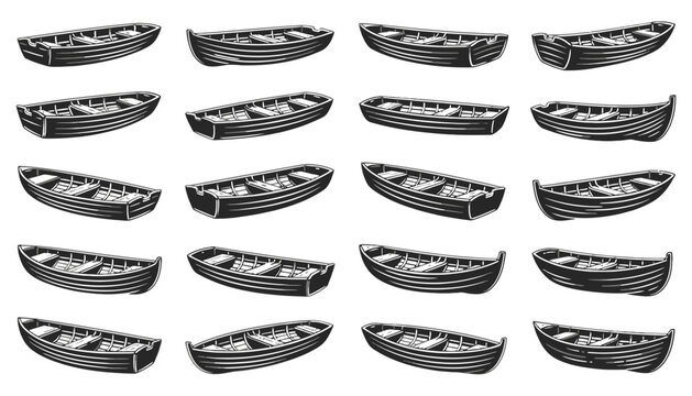 A set of small wooden boats in various orientations, illustrated in a simple black and white line art style.