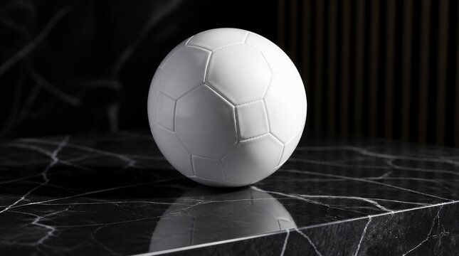 Minimalist White Soccer Ball on Black Marble Surface with Elegant Reflection and Dark Background.
