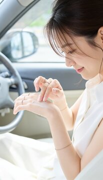車内で運転前に手の甲へ日焼け止めを塗る若いアジア人女性