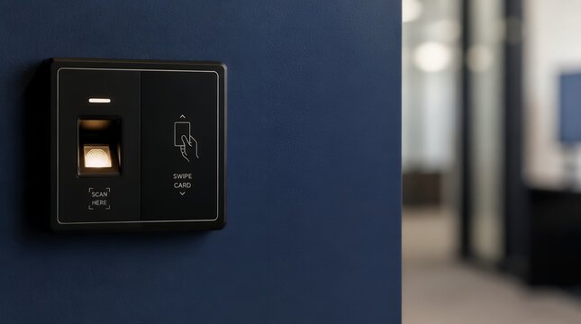 Modern Biometric Fingerprint Scanner Mounted on Dark Blue Office Wall for Secure Access Control.