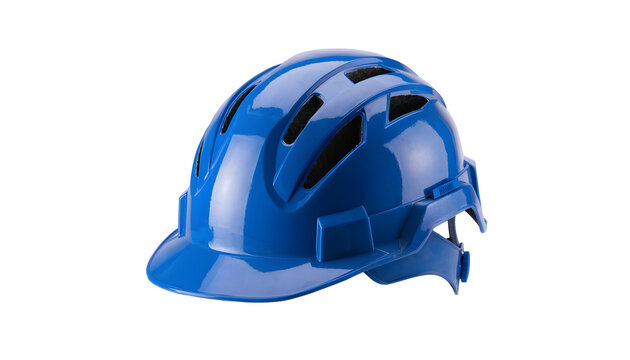 Glossy blue protective safety helmet equipment isolated with blue hard on transparent background