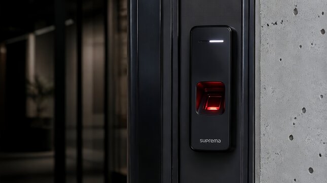 Modern Biometric Fingerprint Scanner Mounted on Office Entrance Door.
