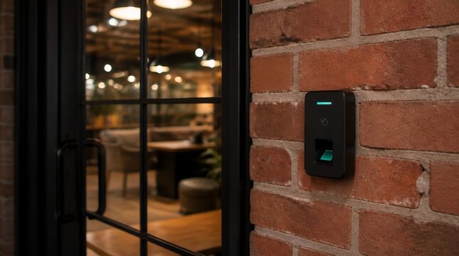 Modern Biometric Fingerprint Scanner Mounted on Red Brick Wall Outside Office Entrance.