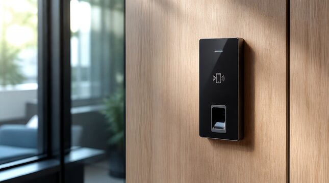 Modern Biometric Fingerprint Scanner Mounted on Wooden Wall for Secure Office Entry.