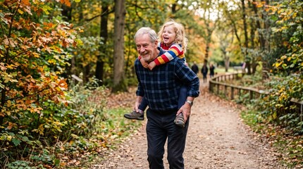 Fototapeta premium Joyful grandfather gives piggyback ride to laughing granddaughter on a sunny autumn forest path
