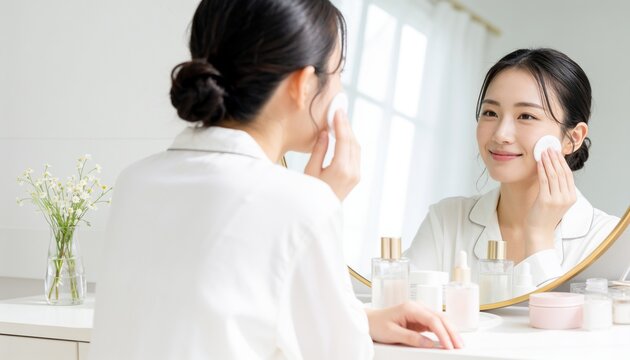 明るい洗面所の鏡を見ながら頬に触れて微笑む若いアジア人女性