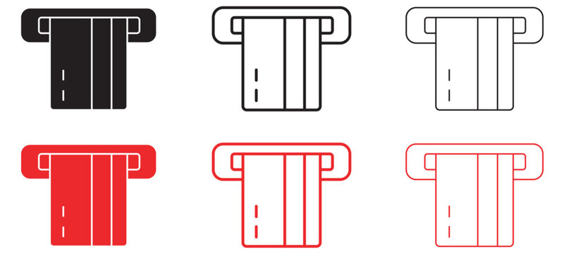 Minimalist ATM card slot icon set, 6 credit card insertion vector symbols, flat and outline bank transaction graphics for financial apps