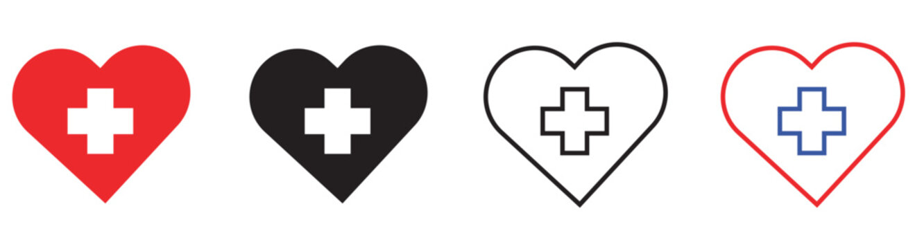 Medical heart icon set with cross symbol, healthcare and first aid vector elements, red and black emergency medicine heart shapes for hospital apps