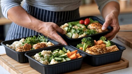 Obraz premium Person holding black meal prep containers filled with chicken breast rice vegetables and herbs on a wooden cutting board
