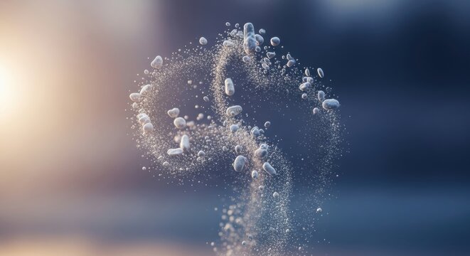 Ephemeral particle formation in luminous ethereal mist swirling in abstract organic bloom representing growth genesis and cosmic dust bathed in soft golden sunlight.