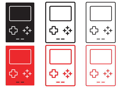 Retro handheld game console icons set, vintage portable gaming device vector illustrations, 6 classic electronic gadget symbols in red and black