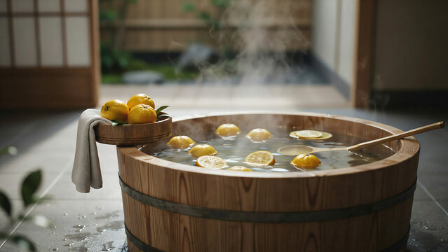 Wooden bath tub with hot water and yuzu lemons in a spa illustration