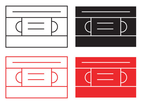 Retro VHS cassette tape icons, vintage video tape vector set in black and red, 4 analog media outline and solid symbols for 90s nostalgia